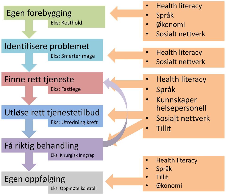 Kirurgisk inngrep Eks: Oppmøte kontroll Health literacy Språk Økonomi Sosialt nettverk Health literacy