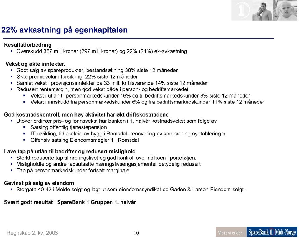 kr tilsvarende 14% siste 12 måneder Redusert rentemargin, men god vekst både i person- og bedriftsmarkedet Vekst i utlån til personmarkedskunder 16% og til bedriftsmarkedskunder 8% siste 12 måneder