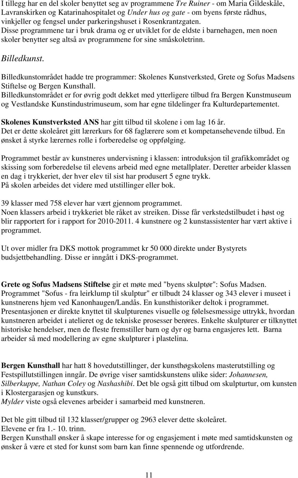 Billedkunst. Billedkunstområdet hadde tre programmer: Skolenes Kunstverksted, Grete og Sofus Madsens Stiftelse og Bergen Kunsthall.