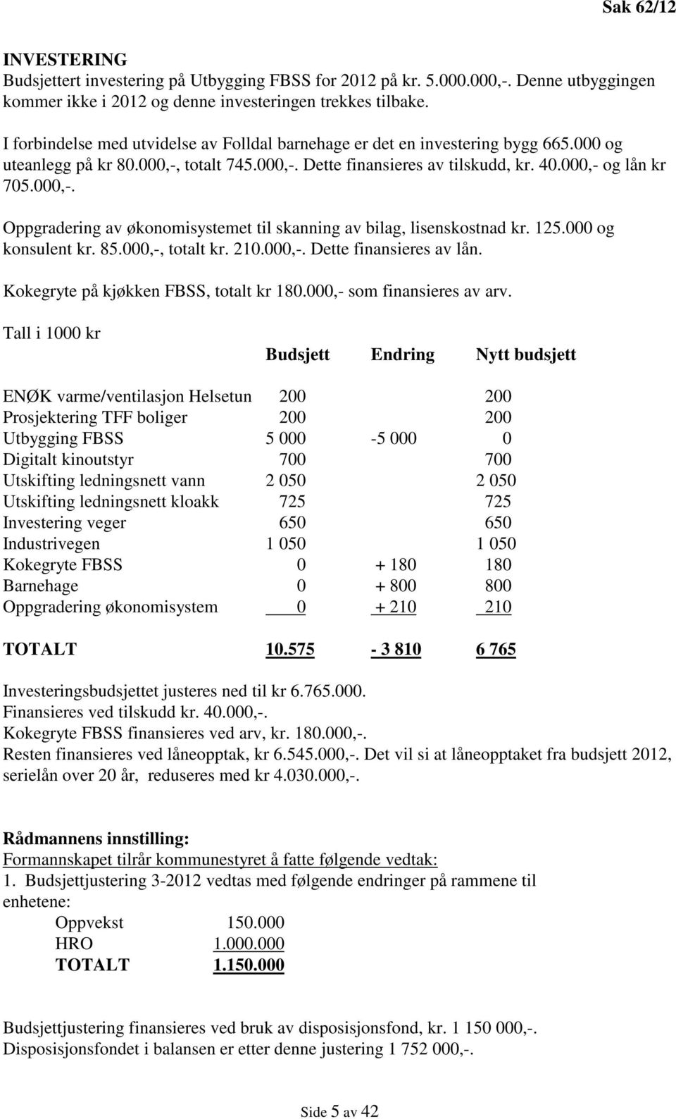 125.000 og konsulent kr. 85.000,-, totalt kr. 210.000,-. Dette finansieres av lån. Kokegryte på kjøkken FBSS, totalt kr 180.000,- som finansieres av arv.