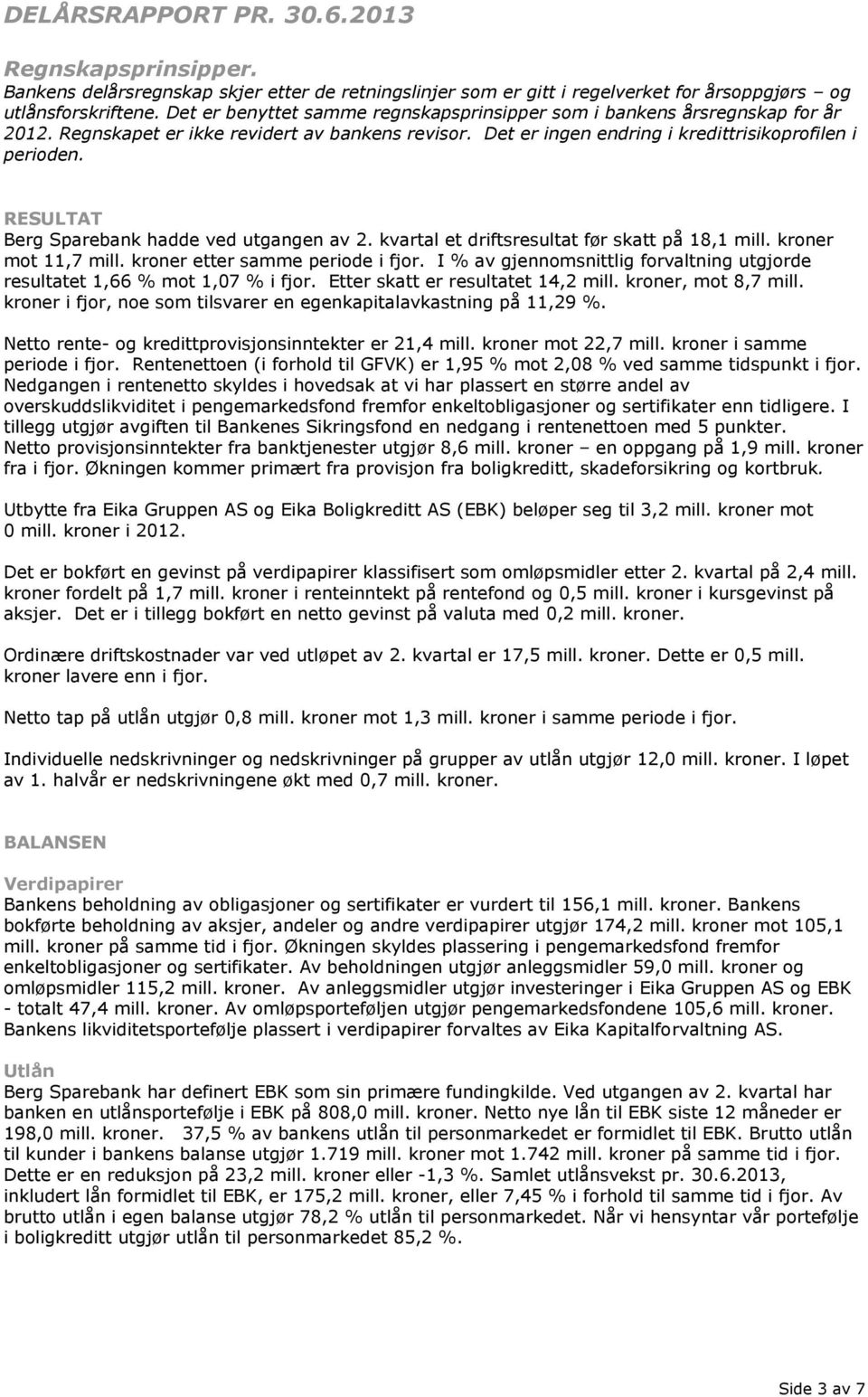 RESULTAT Berg Sparebank hadde ved utgangen av 2. kvartal et driftsresultat før skatt på 18,1 mill. kroner mot 11,7 mill. kroner etter samme periode i fjor.