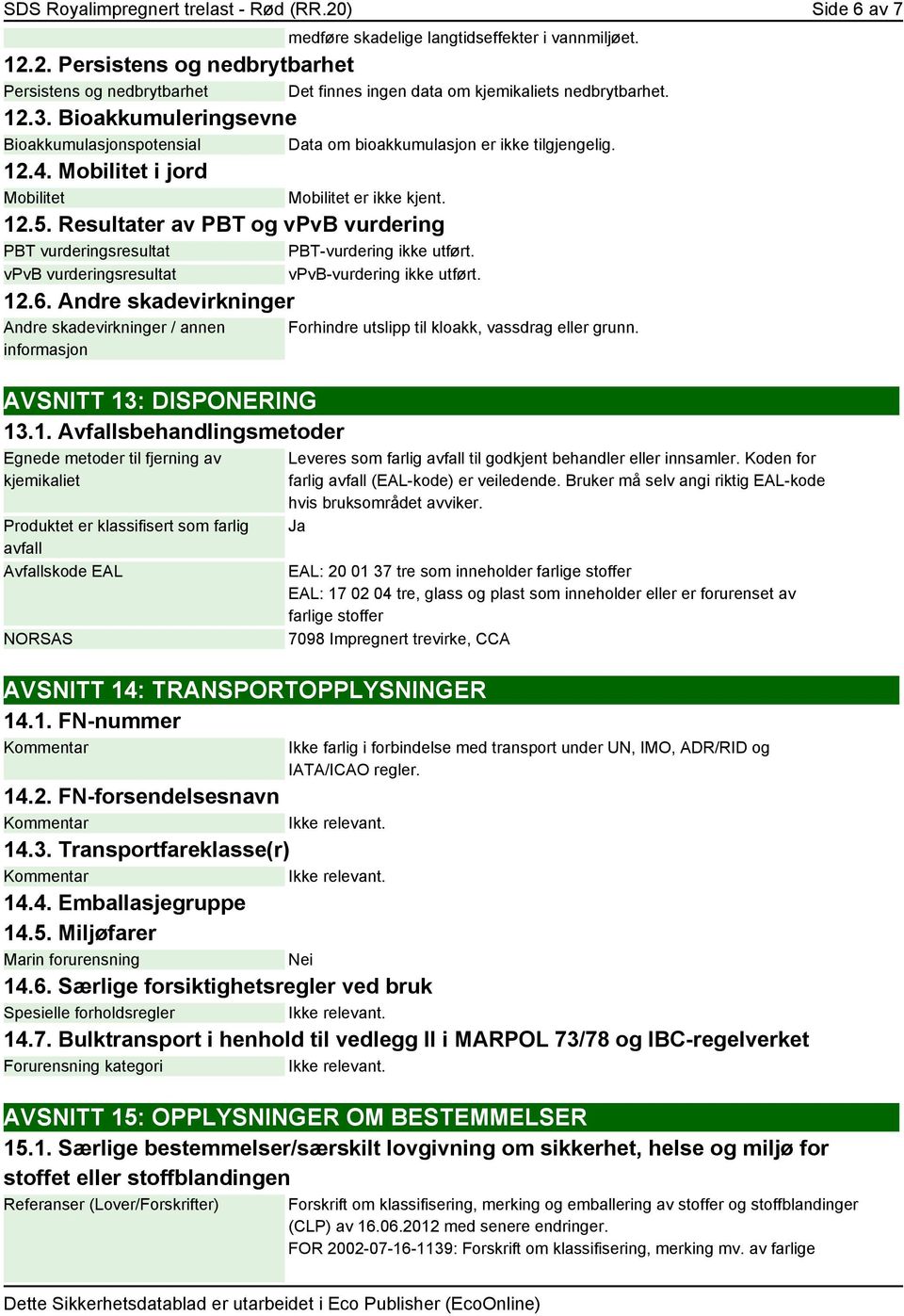 Resultater av PBT og vpvb vurdering PBT vurderingsresultat PBT-vurdering ikke utført. vpvb vurderingsresultat vpvb-vurdering ikke utført. 12.6.