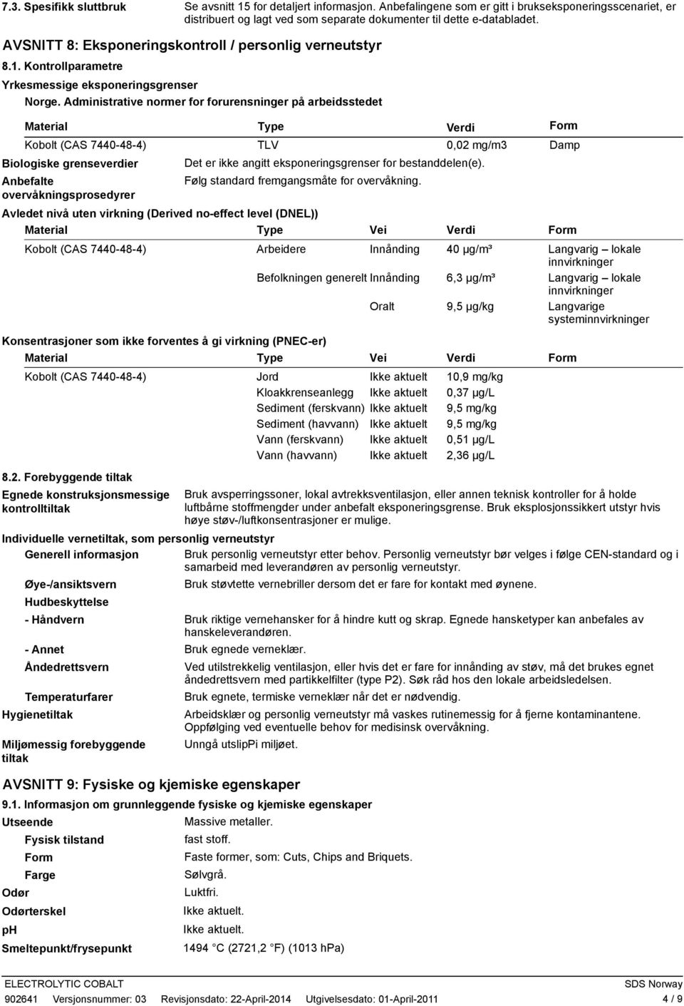 Administrative normer for forurensninger på arbeidsstedet Material Biologiske grenseverdier Anbefalte overvåkningsprosedyrer Type Verdi Form TLV 0,02 mg/m3 Damp Det er ikke angitt eksponeringsgrenser