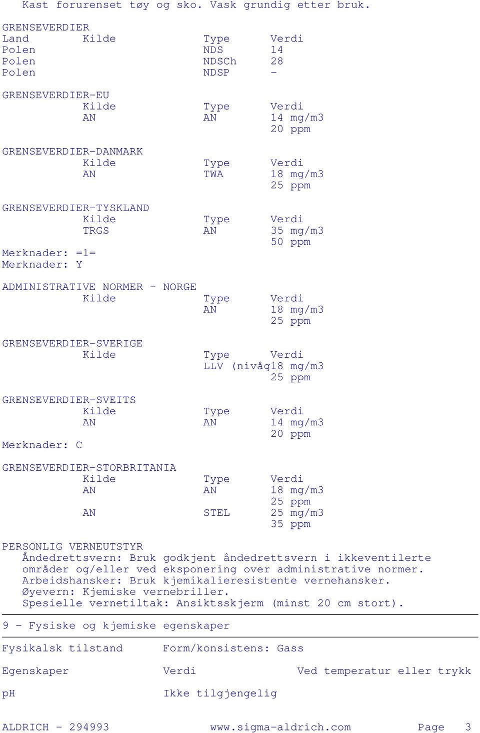 Merknader: Y ADMINISTRATIVE NORMER - NORGE AN 18 mg/m3 GRENSEVERDIER-SVERIGE LLV (nivåg18 mg/m3 GRENSEVERDIER-SVEITS AN AN 14 mg/m3 20 ppm Merknader: C GRENSEVERDIER-STORBRITANIA AN AN 18 mg/m3 AN