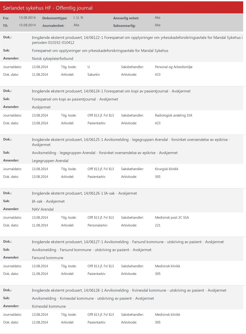 2014 Arkivdel: Sakarkiv Arkivkode: 423 Inngående eksternt produsert, 14/06124-1 Forespørsel om kopi av pasientjournal - Forespørsel om kopi av pasientjournal - Radiologisk avdeling SSK Dok.