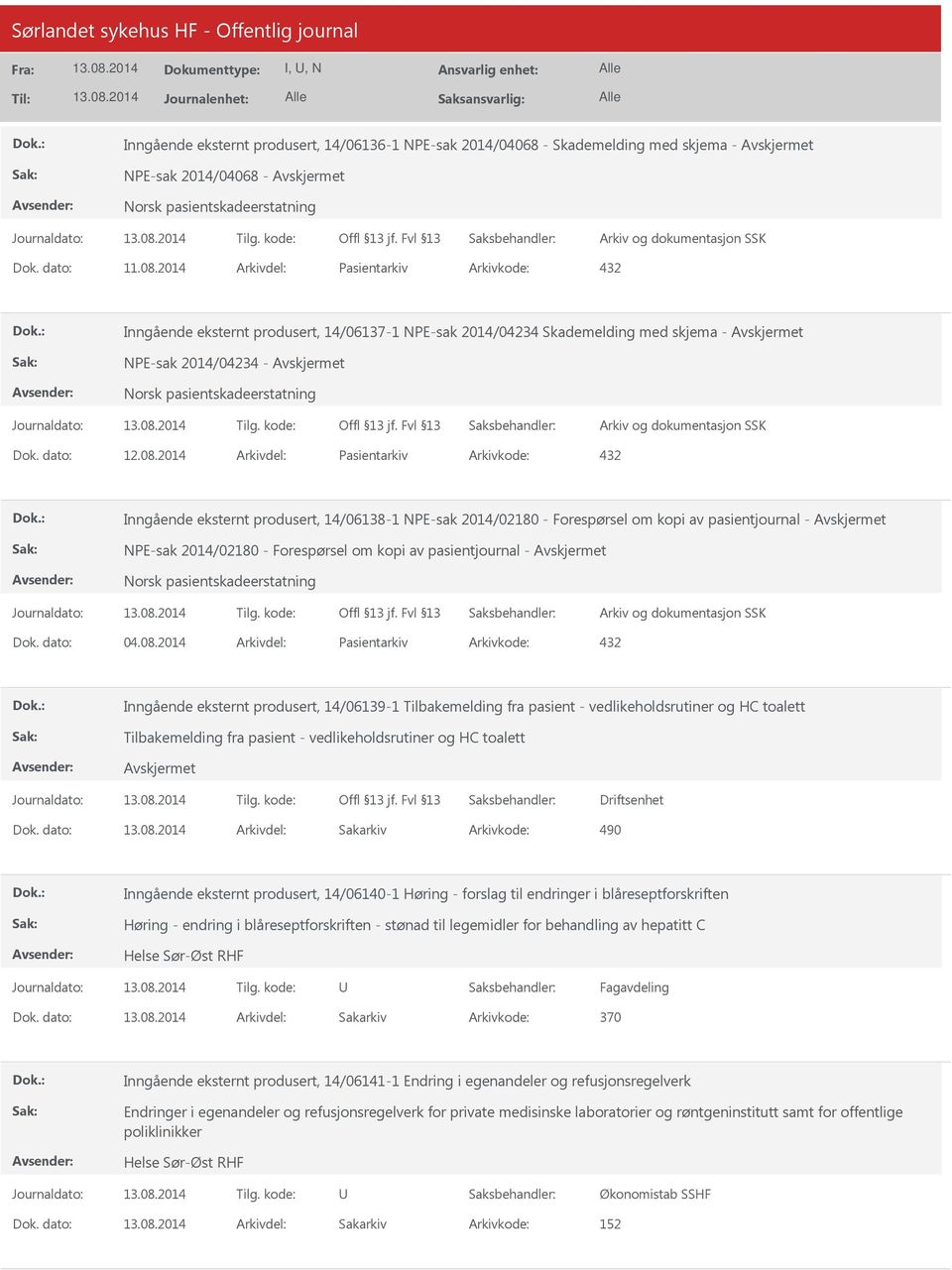 2014 Arkivdel: Pasientarkiv Arkivkode: 432 Inngående eksternt produsert, 14/06138-1 NPE-sak 2014/02180 - Forespørsel om kopi av pasientjournal - NPE-sak 2014/02180 - Forespørsel om kopi av