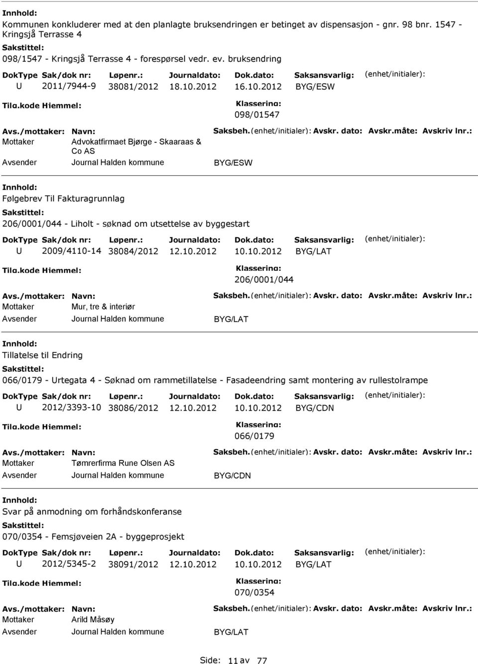 : Advokatfirmaet Bjørge - Skaaraas & Co AS BYG/SW Følgebrev Til Fakturagrunnlag 206/0001/044 - Liholt - søknad om utsettelse av byggestart 2009/4110-14 38084/2012 10.10.2012 BYG/LAT 206/0001/044 Avs.