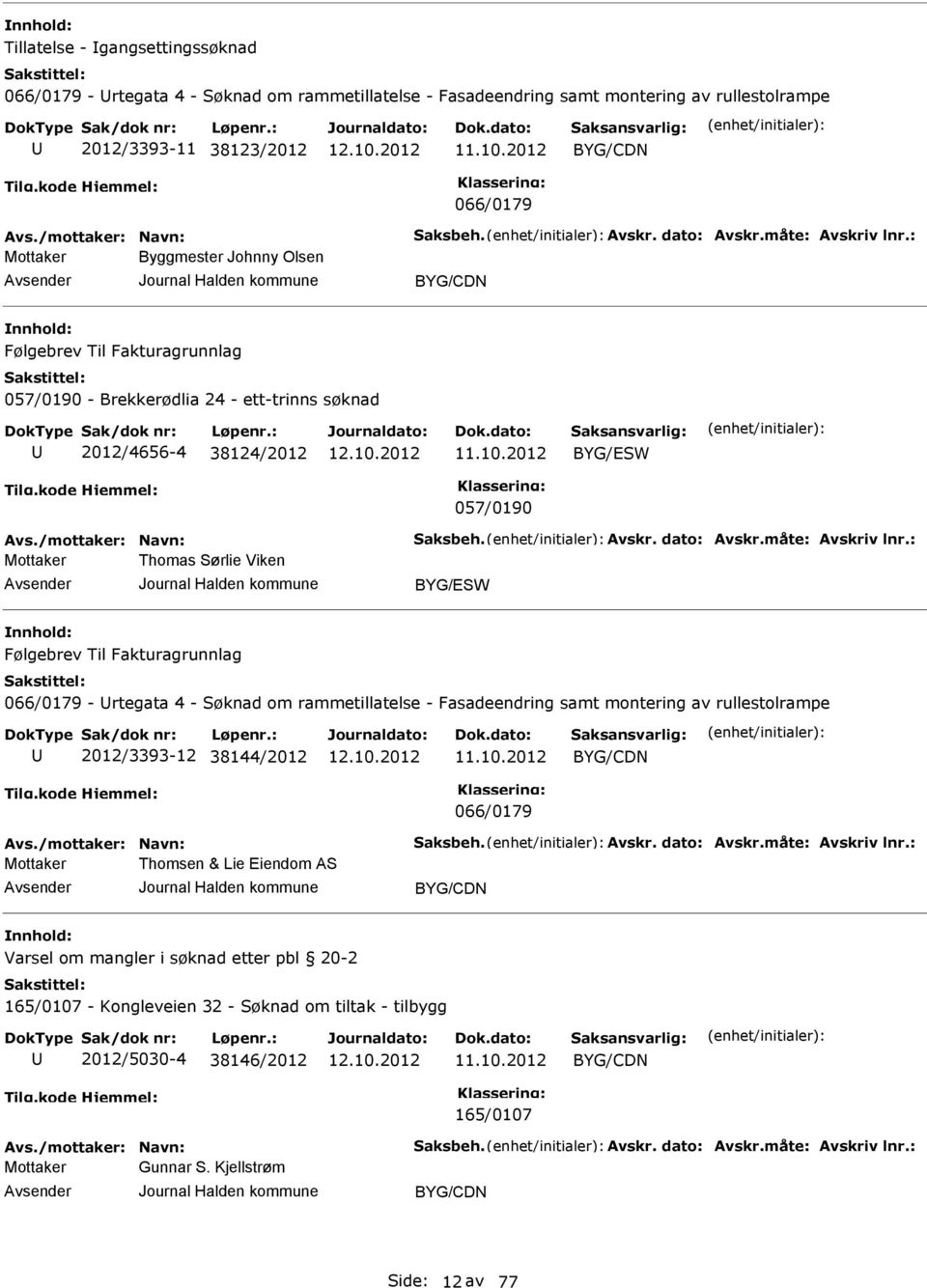 10.2012 BYG/SW 057/0190 Avs./mottaker: Navn: Saksbeh. Avskr. dato: Avskr.måte: Avskriv lnr.