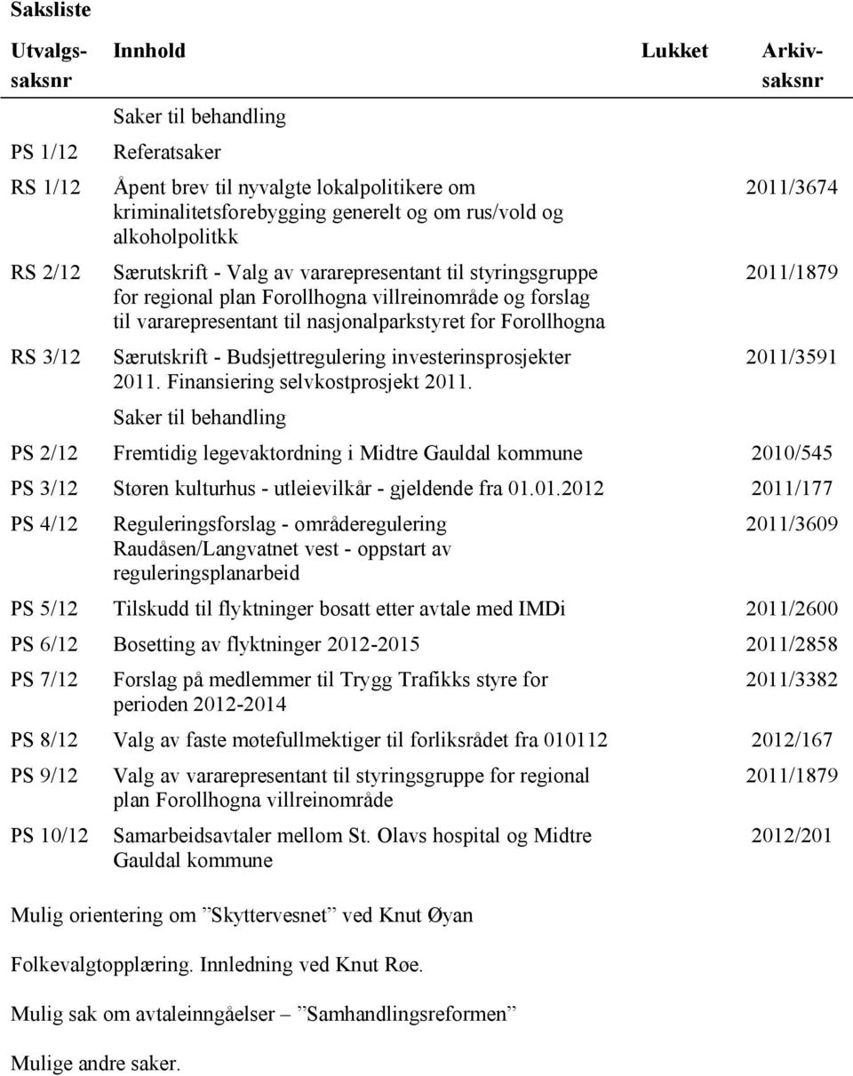 Forollhogna Særutskrift - Budsjettregulering investerinsprosjekter 2011. Finansiering selvkostprosjekt 2011.