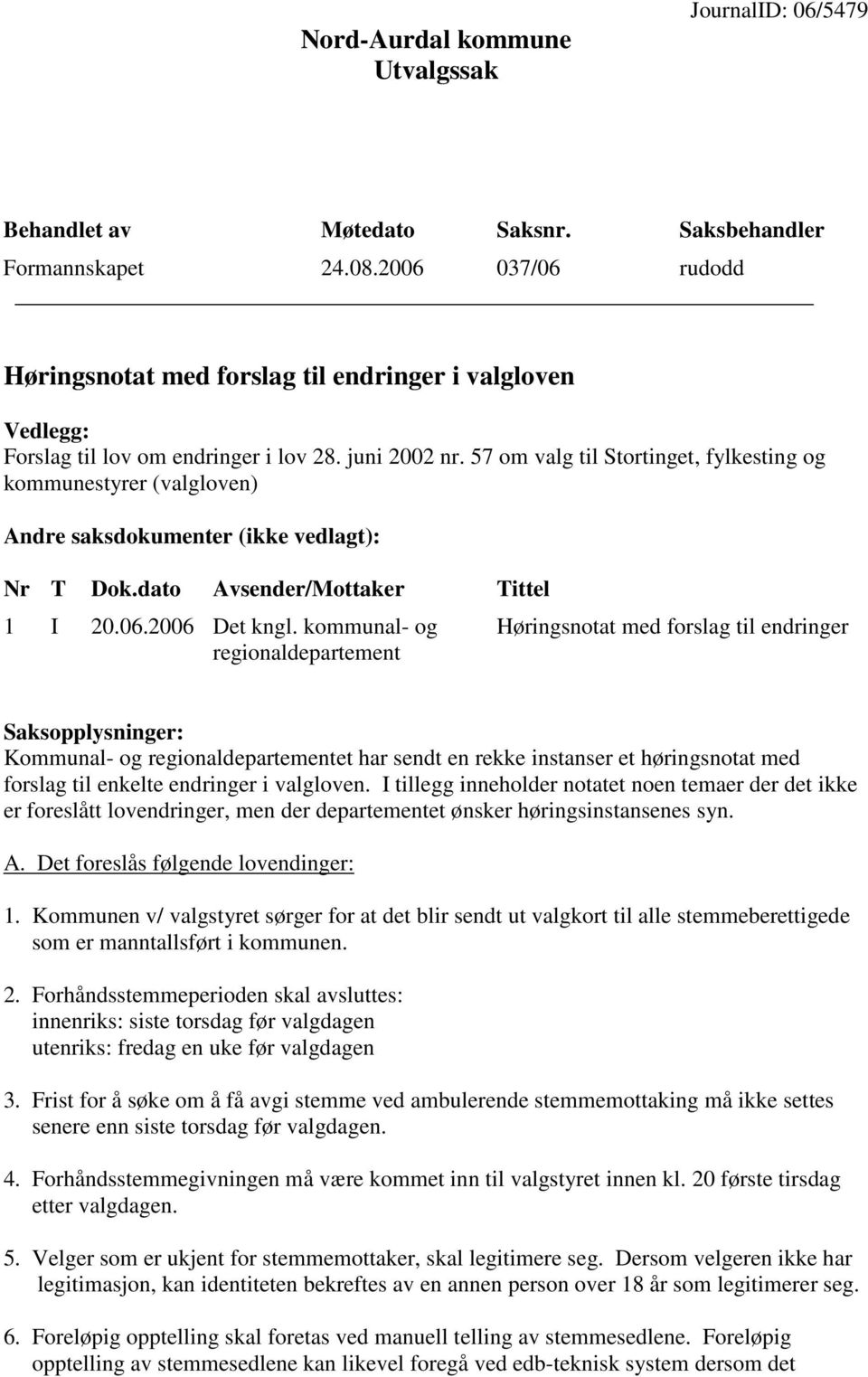 57 om valg til Stortinget, fylkesting og kommunestyrer (valgloven) Andre saksdokumenter (ikke vedlagt): Nr T Dok.dato Avsender/Mottaker Tittel 1 I 20.06.2006 Det kngl.