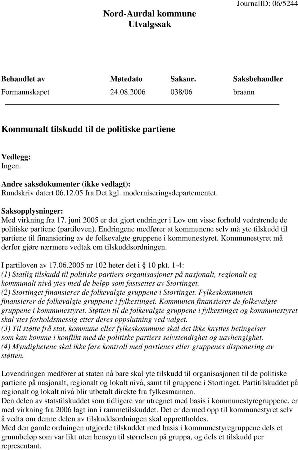 juni 2005 er det gjort endringer i Lov om visse forhold vedrørende de politiske partiene (partiloven).