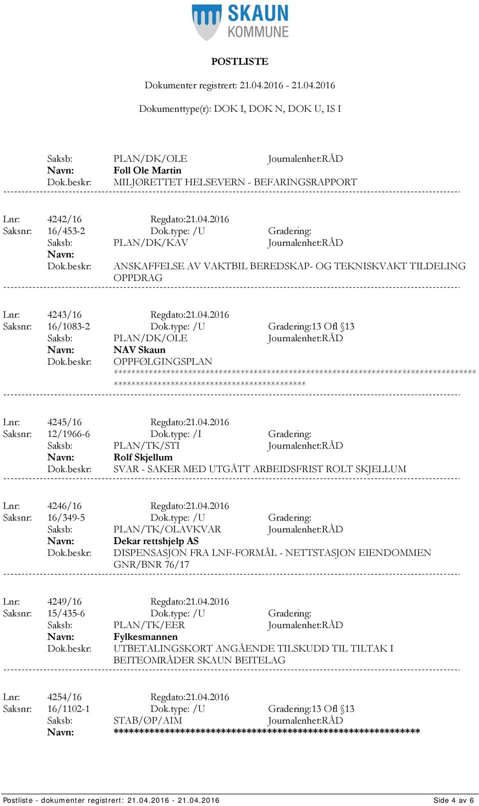 type: /U Gradering:13 Ofl 13 Saksb: PLAN/DK/OLE Journalenhet:RÅD NAV Skaun OPPFØLGINGSPLAN *************************************** Lnr: 4245/16 Regdato:21.04.2016 Saksnr: 12/1966-6 Dok.