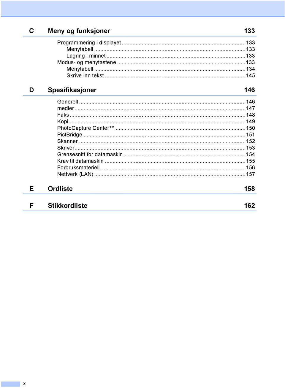 ..146 medier...147 Faks...148 Kopi...149 PhotoCapture Center...150 PictBridge...151 Skanner...152 Skriver.