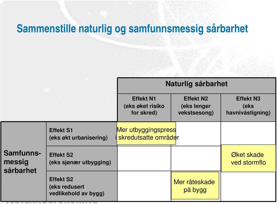 økt urbanisering) Effekt S2 (eks sjønær utbygging) Effekt S2 (eks redusert vedlikehold av bygg) Fører N1