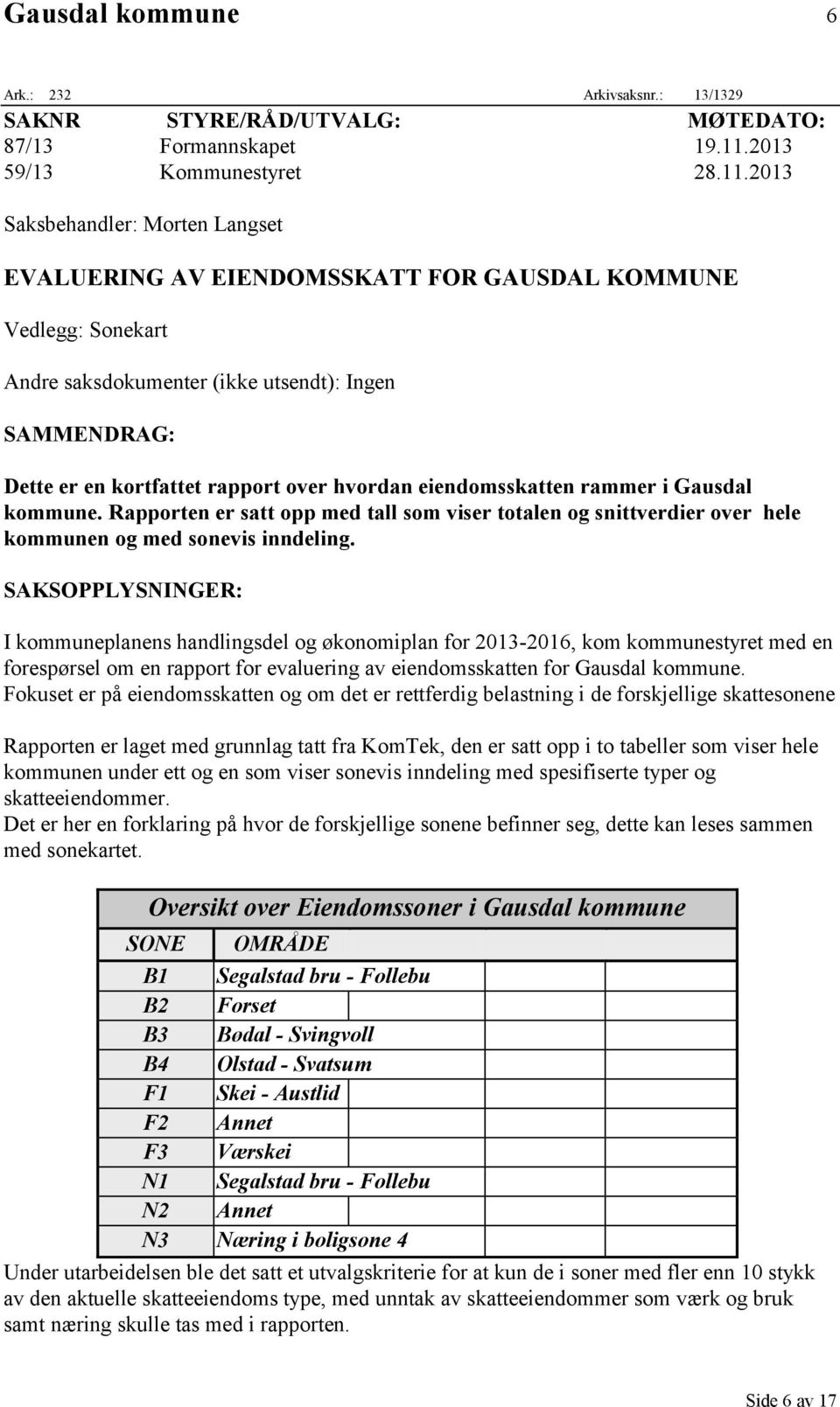 2013 Saksbehandler: Morten Langset EVALUERING AV EIENDOMSSKATT FOR GAUSDAL KOMMUNE Vedlegg: Sonekart Andre saksdokumenter (ikke utsendt): Ingen SAMMENDRAG: Dette er en kortfattet rapport over hvordan