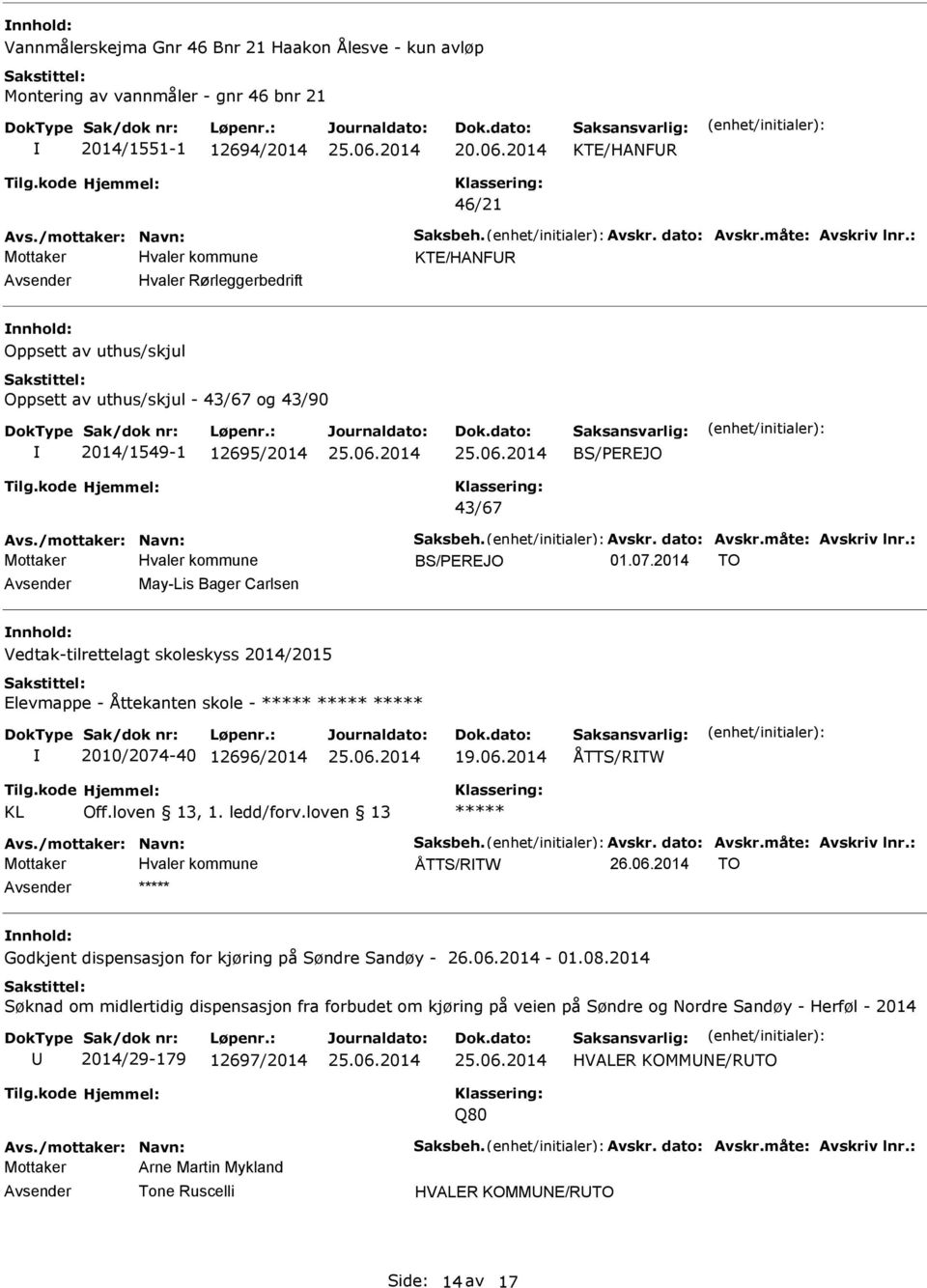 2014 TO May-Lis Bager Carlsen nnhold: Vedtak-tilrettelagt skoleskyss 2014/2015 Elevmappe - Åttekanten skole - ***** ***** ***** 2010/2074-40 12696/2014 19.06.2014 ÅTTS/RTW KL Off.