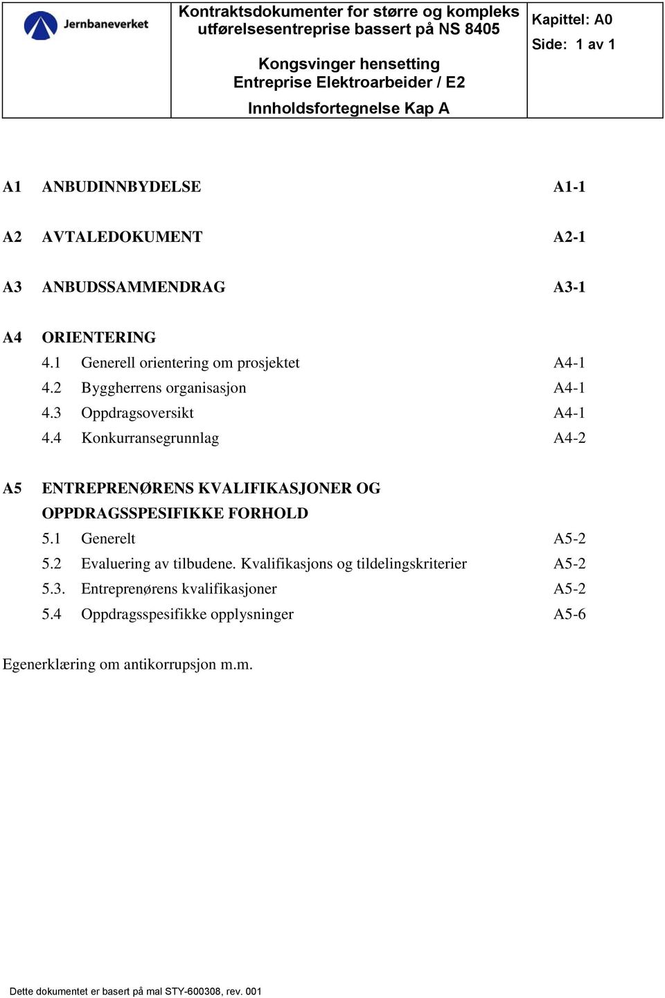 3 Oppdragsoversikt A4-1 4.4 Konkurransegrunnlag A4-2 A5 ENTREPRENØRENS KVALIFIKASJONER OG OPPDRAGSSPESIFIKKE FORHOLD 5.1 Generelt A5-2 5.2 Evaluering av tilbudene.