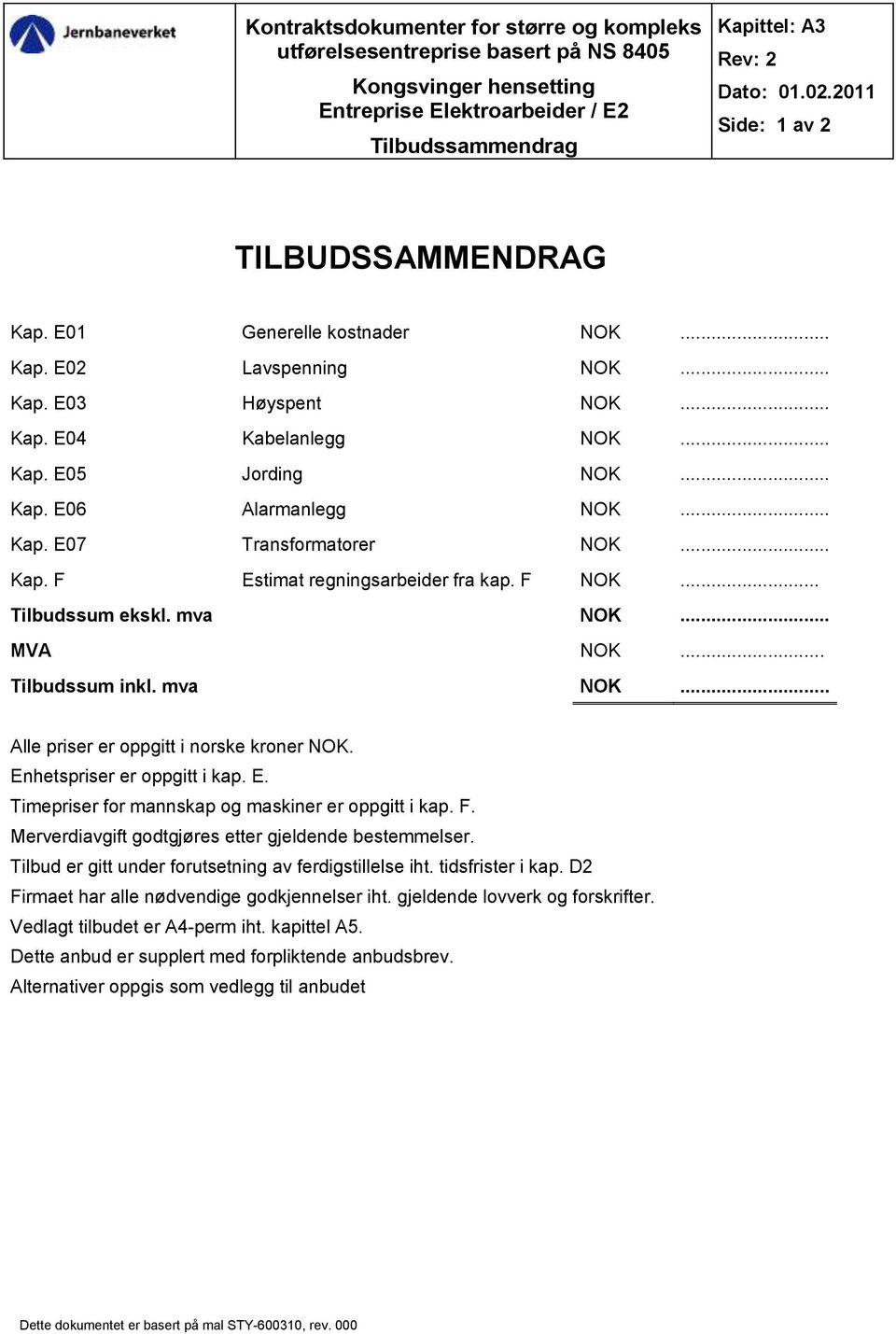 ..... Kap. E07 Transformatorer NOK...... Kap. F Estimat regningsarbeider fra kap. F NOK...... Tilbudssum ekskl. mva NOK... MVA NOK...... Tilbudssum inkl. mva NOK... Alle priser er oppgitt i norske kroner NOK.