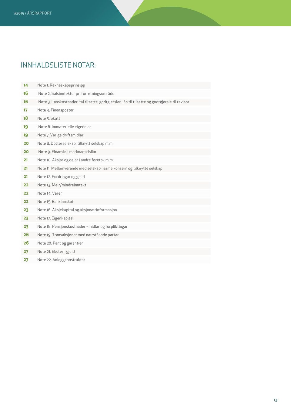 Varige driftsmidlar 20 Note 8. Dotterselskap, tilknytt selskap m.m. 20 Note 9. Finansiell marknadsrisiko 21 Note 10. Aksjar og delar i andre føretak m.m. 21 Note 11.