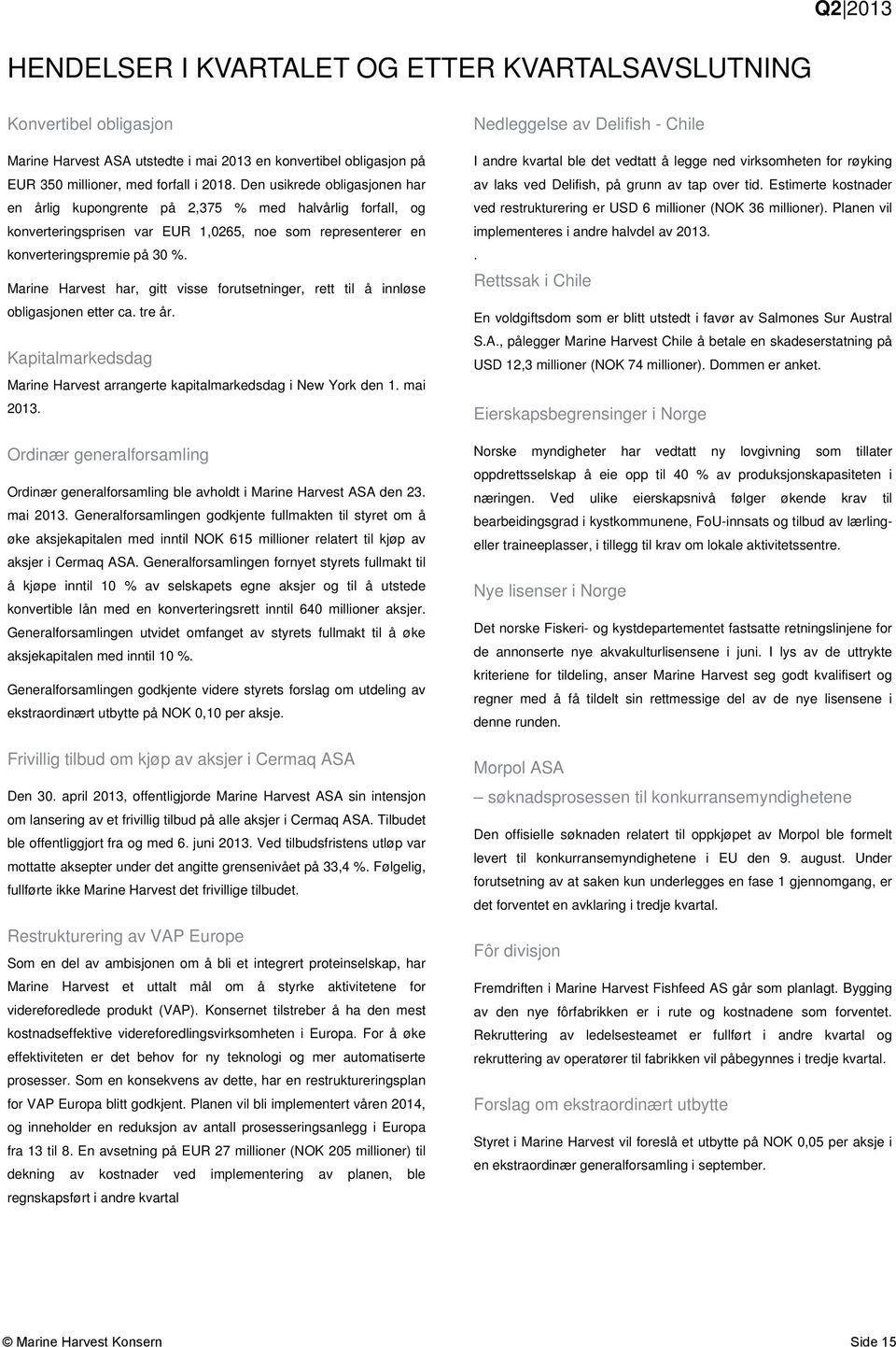 Marine Harvest har, gitt visse forutsetninger, rett til å innløse obligasjonen etter ca. tre år. Kapitalmarkedsdag Marine Harvest arrangerte kapitalmarkedsdag i New York den 1. mai 2013.