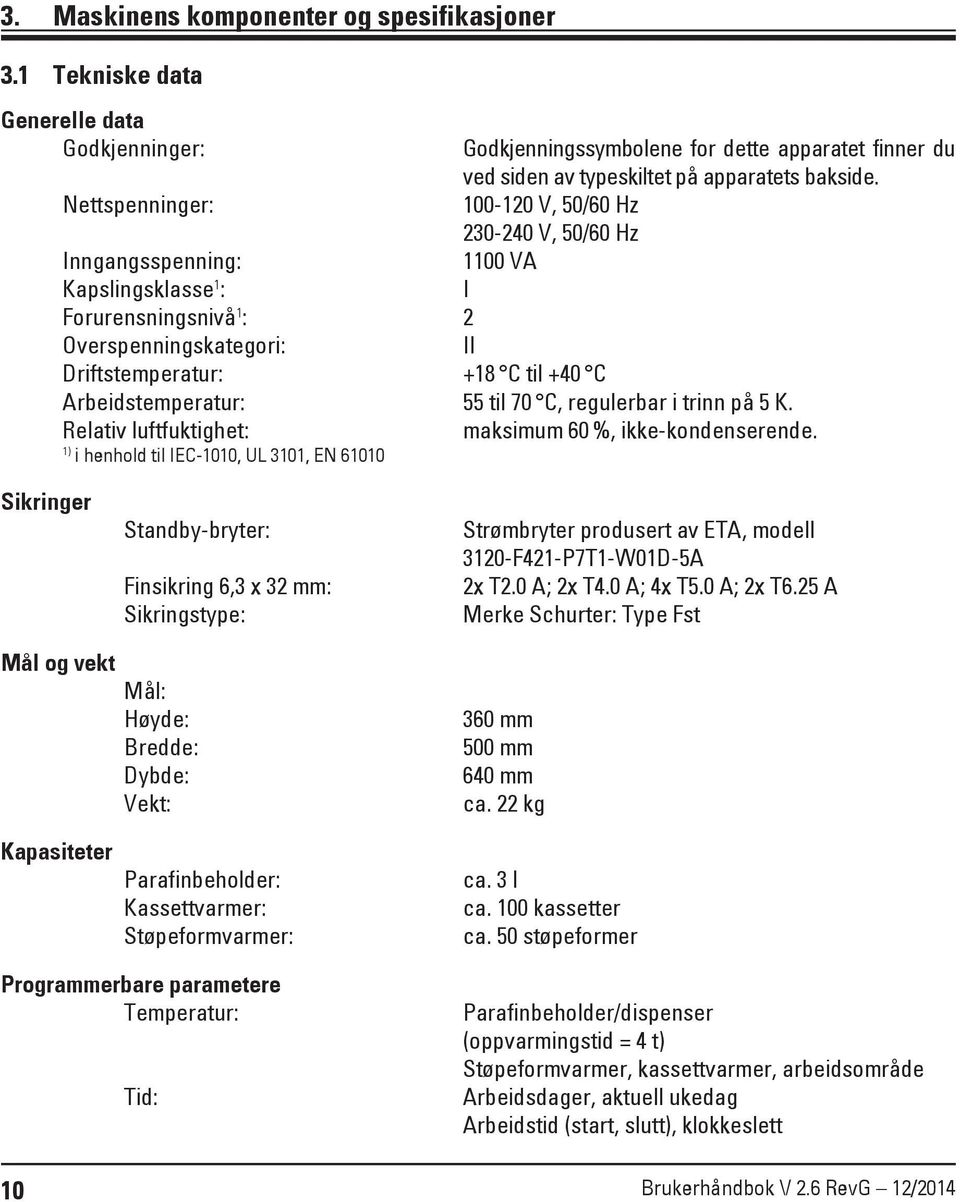 Arbeidstemperatur: 55 til 70 C, regulerbar i trinn på 5 K. Relativ luftfuktighet: maksimum 60 %, ikke-kondenserende.