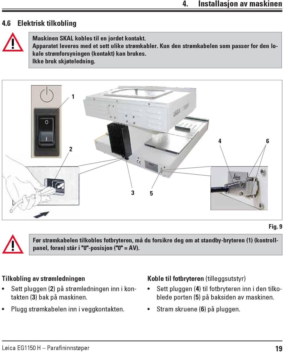 1 2 4 6 3 5 Før strømkabelen tilkobles fotbryteren, må du forsikre deg om at standby-bryteren (1) (kontrollpanel, foran) står i "0"-posisjon ("0" = AV). Fig.