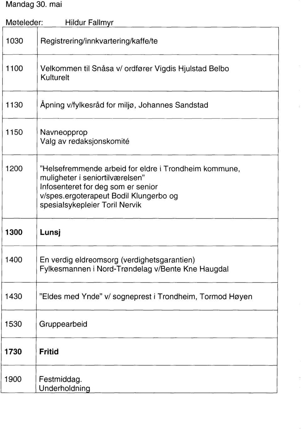 miljø, Johannes Sandstad 1150 Navneopprop Valg av redaksjonskomm 1200 "Helsefremmende arbeid for eldre i Trondheim kommune, muligheter i seniortilværelsen"