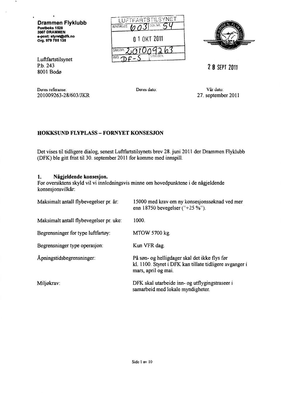 september 2011 HOKKSUNDFLYPLASS FORNYETKONSESJON Det vises til tidligere dialog, senest Luftfartstilsynets brev 28. juni 2011 der Drammen Flyklubb (DFK) ble gitt frist til 30.