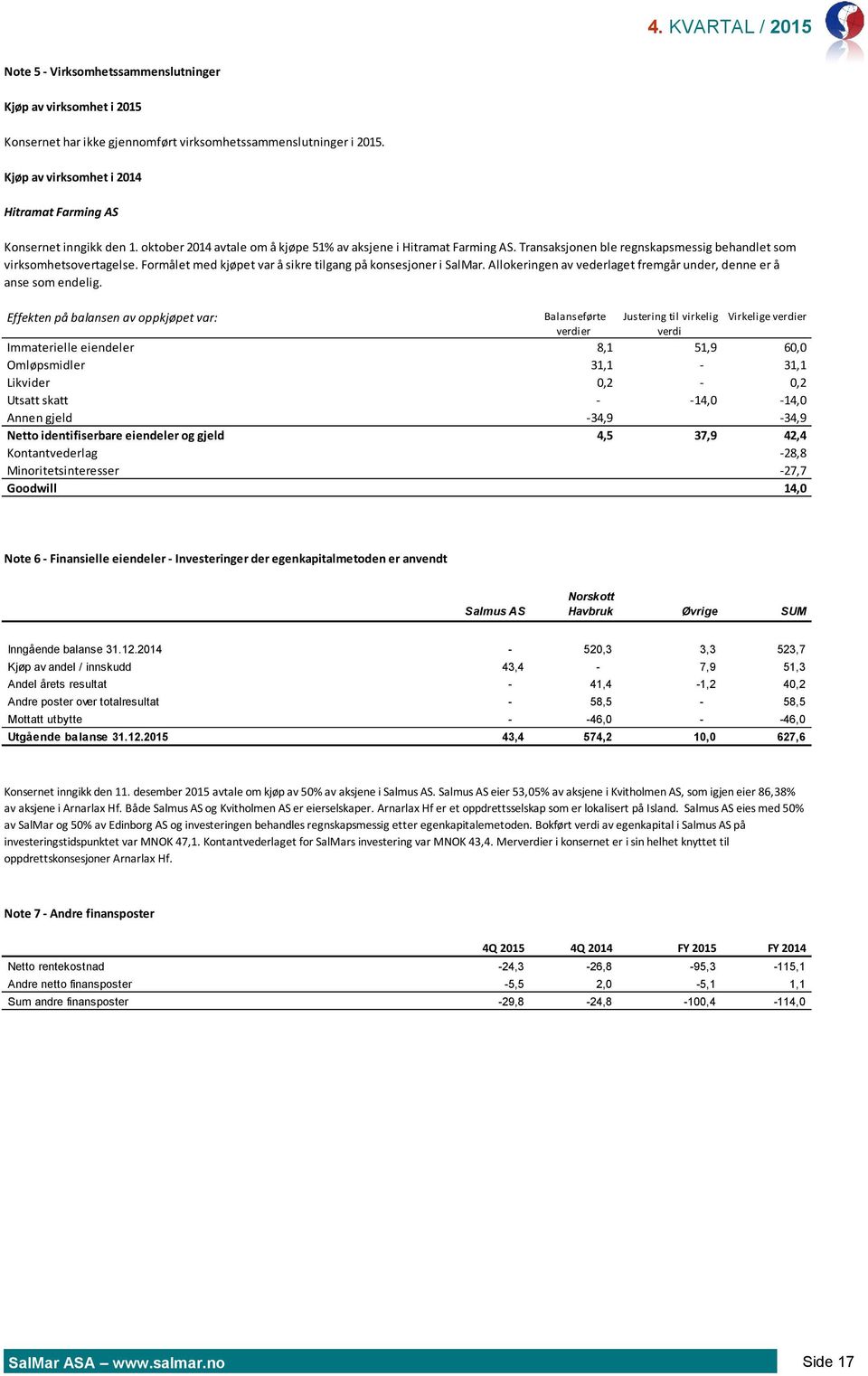 Formålet med kjøpet var å sikre tilgang på konsesjoner i SalMar. Allokeringen av vederlaget fremgår under, denne er å anse som endelig.