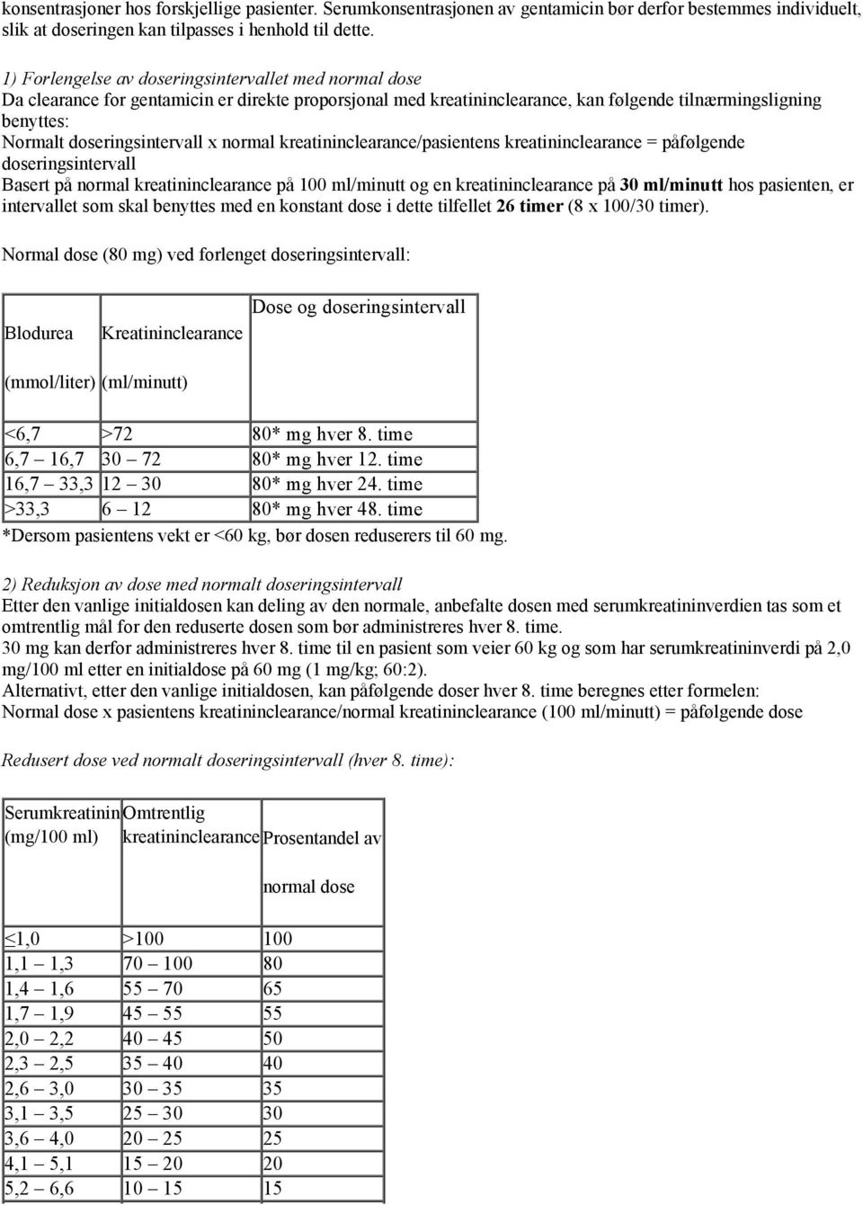 x normal kreatininclearance/pasientens kreatininclearance = påfølgende doseringsintervall Basert på normal kreatininclearance på 100 ml/minutt og en kreatininclearance på 30 ml/minutt hos pasienten,