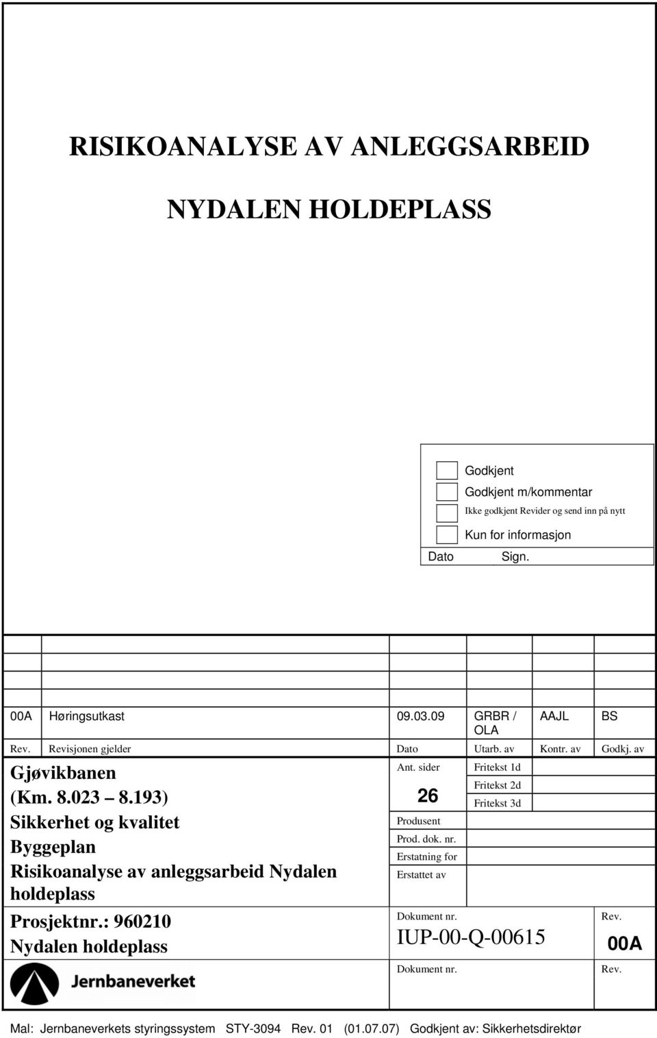 193) Sikkerhet og kvalitet Byggeplan Risikoanalyse av anleggsarbeid Nydalen holdeplass Prosjektnr.: 960210 Ant.