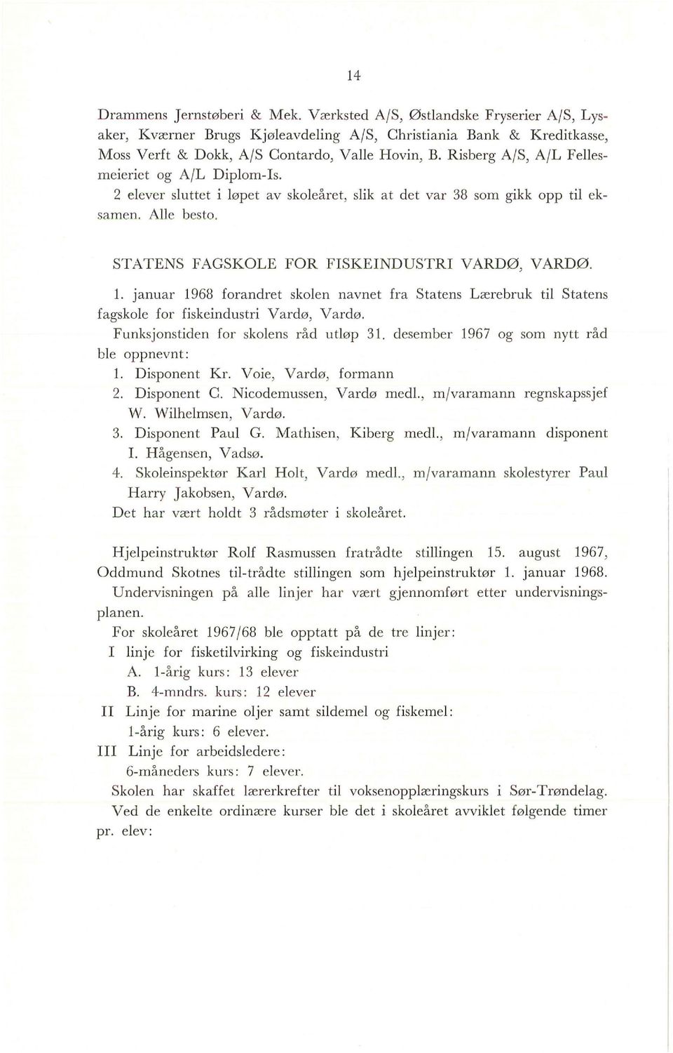 Funksjonstiden for skolens råd utløp 31. desember 1967 og som nytt råd ble oppnevnt: l. Disponent Kr. Voie, Vardø, formann 2. Disponent C. Nicodemussen, Vardø medl., m/varamann regnskapssjef W.