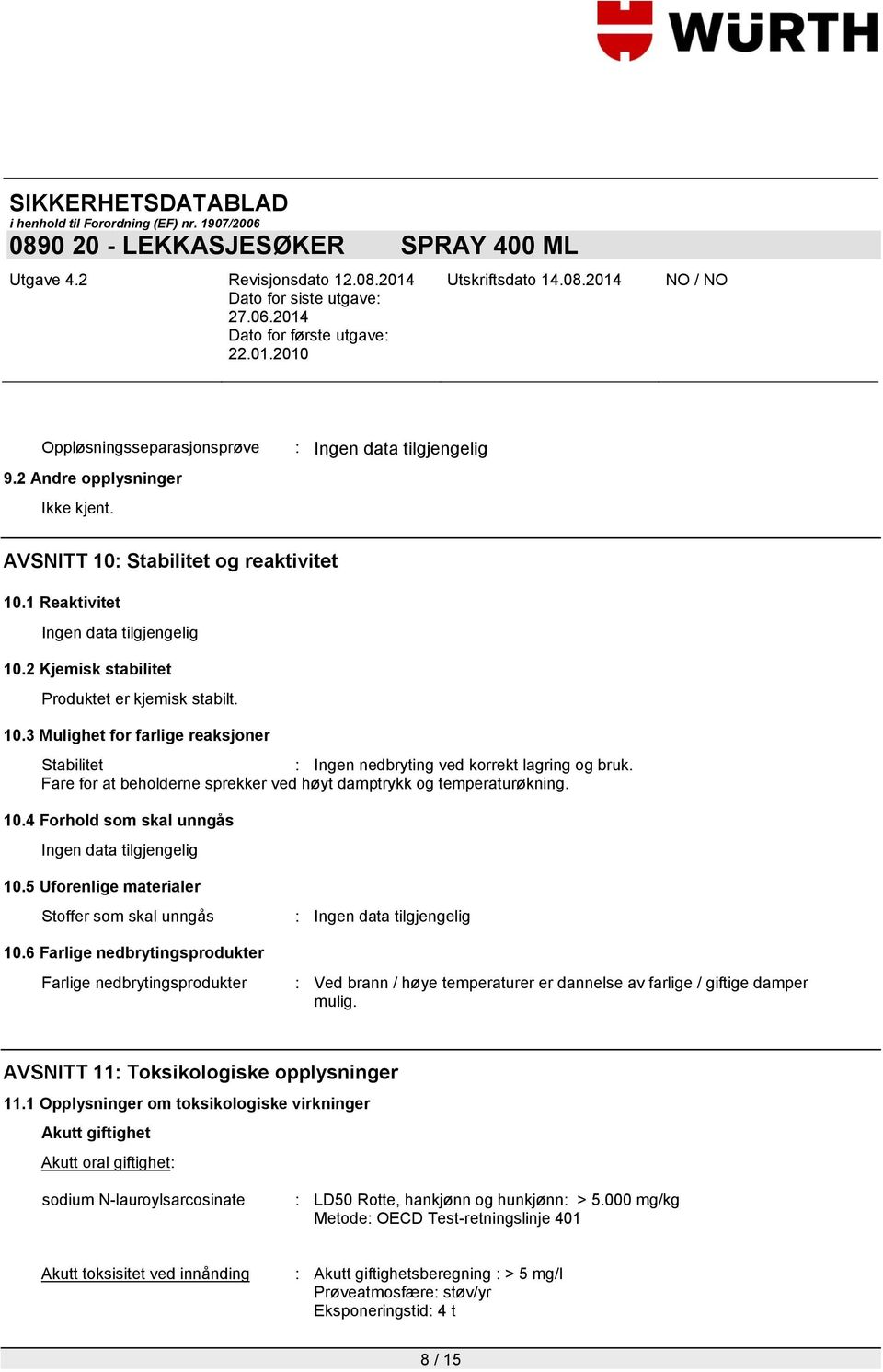 6 Farlige nedbrytingsprodukter Farlige nedbrytingsprodukter : Ved brann / høye temperaturer er dannelse av farlige / giftige damper mulig. AVSNITT 11: Toksikologiske opplysninger 11.