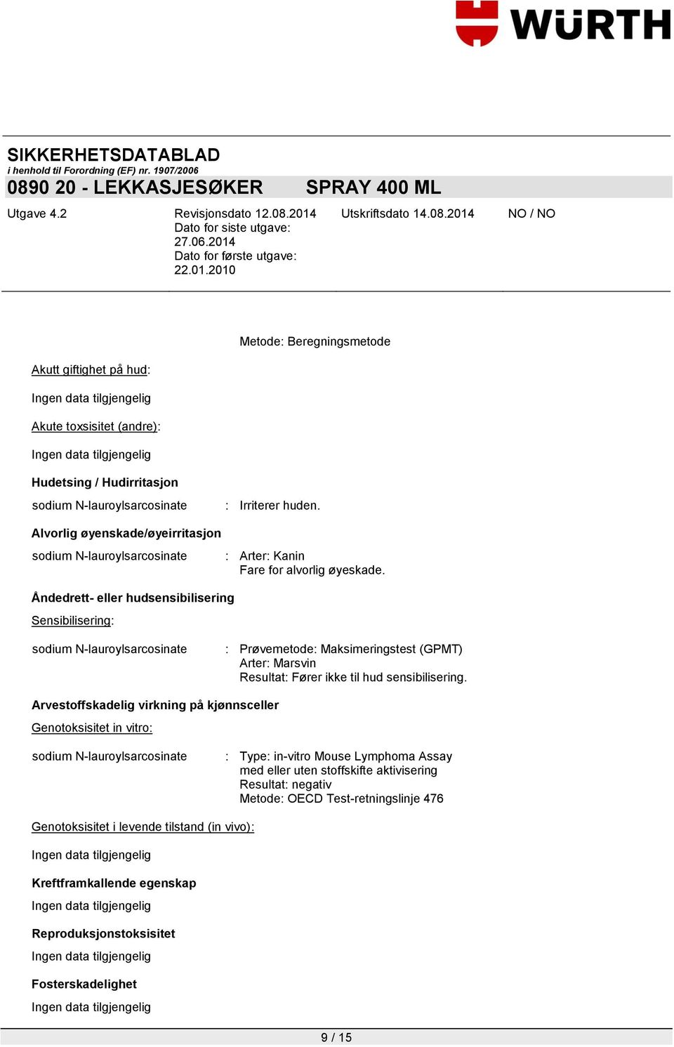 : Prøvemetode: Maksimeringstest (GPMT) Arter: Marsvin Resultat: Fører ikke til hud sensibilisering.