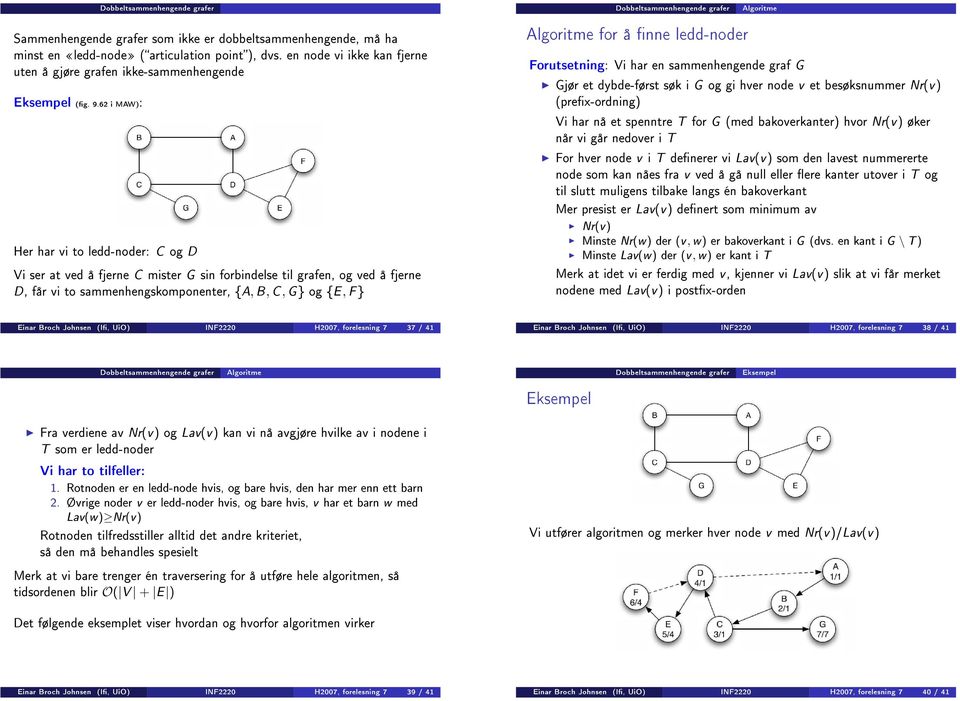 6 i MAW): Her har vi to ledd-noder: C og D Vi ser at ved å fjerne C mister G sin forbindelse til grafen, og ved å fjerne D, får vi to sammenhengskomponenter, {A, B, C, G og {E, Algoritme for å nne