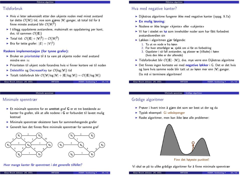 til sammen O( E ) Total tid: O( E + V ) = O( V ) Bra for tette grafer: E = V ) Raskere implementasjon (for tynne grafer): Bruker en prioritetskø til å ta vare på ukjente noder med avstand mindre enn