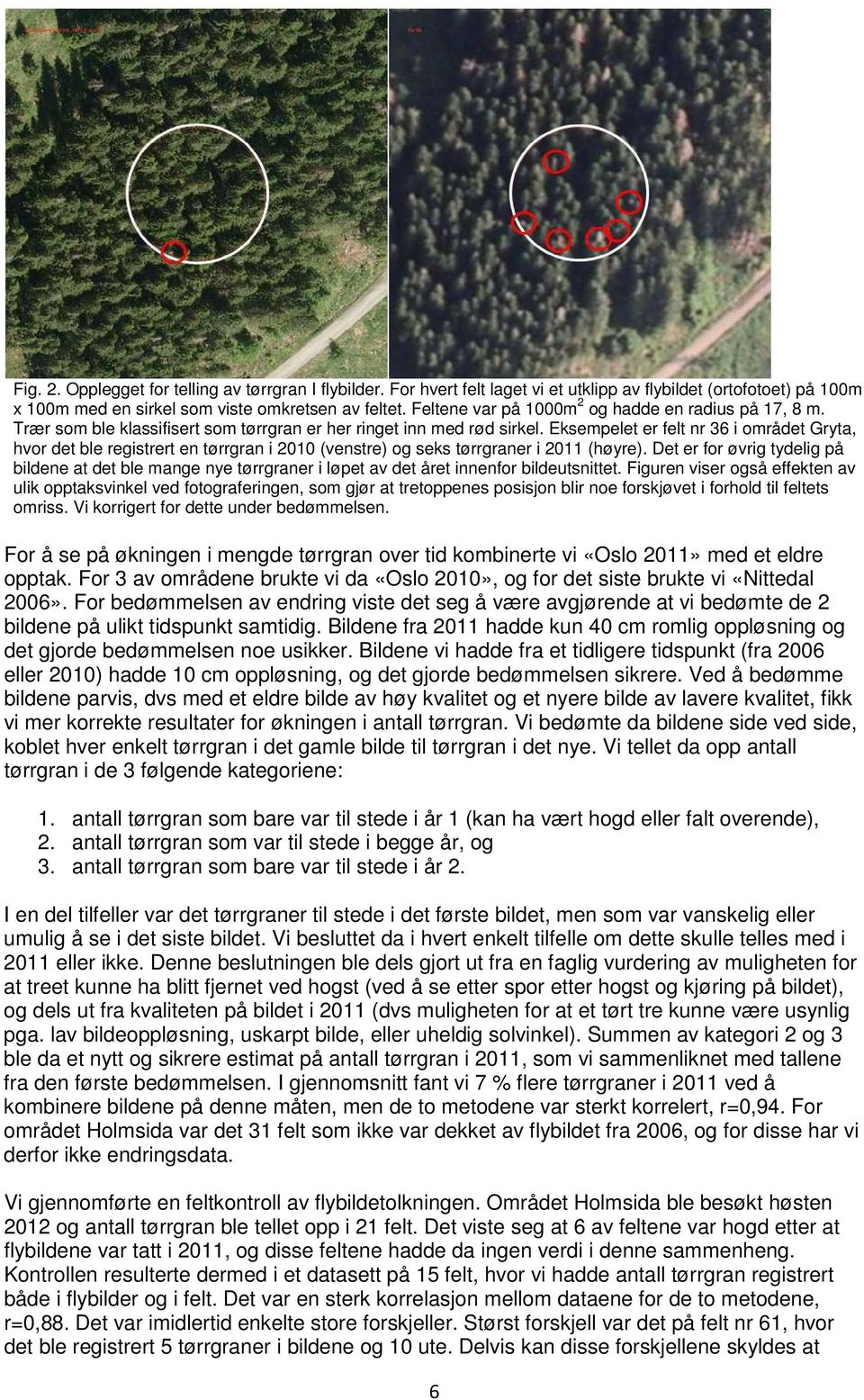 Eksempelet er felt nr 36 i området Gryta, hvor det ble registrert en tørrgran i 2010 (venstre) og seks tørrgraner i 2011 (høyre).