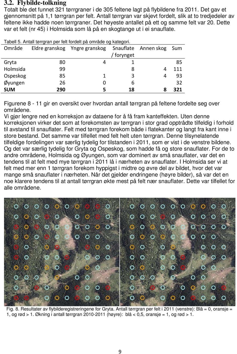 Dette var et felt (nr 45) i Holmsida som lå på en skogtange ut i ei snauflate. Tabell 5. Antall tørrgran per felt fordelt på område og kategori.