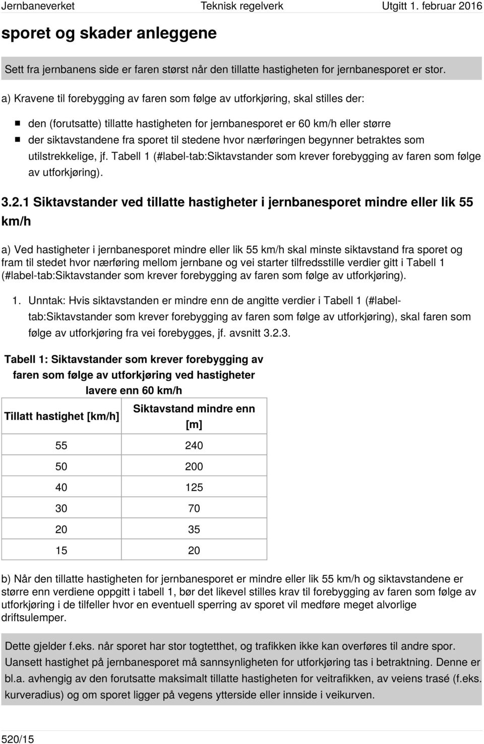 stedene hvor nærføringen begynner betraktes som utilstrekkelige, jf. Tabell 1 (#label-tab:siktavstander som krever forebygging av faren som følge av utforkjøring). 3.2.