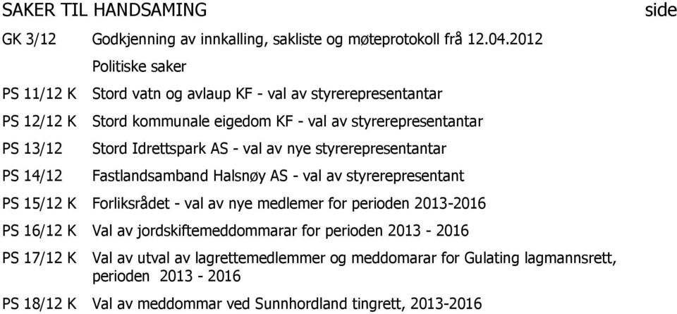 styrerepresentantar Stord Idrettspark AS - val av nye styrerepresentantar Fastlandsamband Halsnøy AS - val av styrerepresentant PS 15/12 K Forliksrådet - val av nye