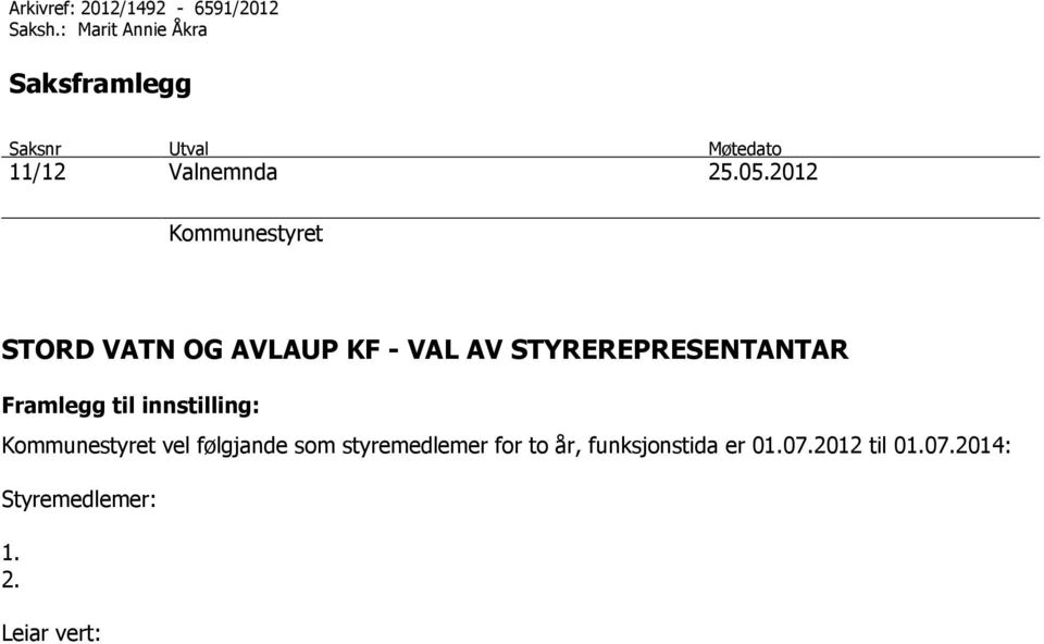 2012 Kommunestyret STORD VATN OG AVLAUP KF - VAL AV STYREREPRESENTANTAR Framlegg til