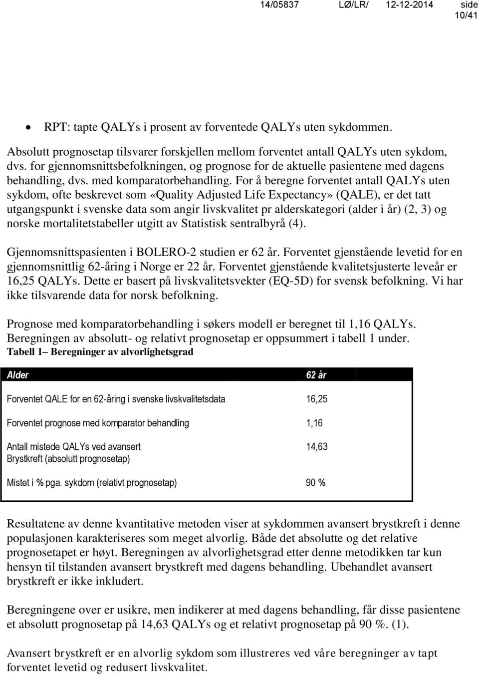 For å beregne forventet antall QALYs uten sykdom, ofte beskrevet som «Quality Adjusted Life Expectancy» (QALE), er det tatt utgangspunkt i svenske data som angir livskvalitet pr alderskategori (alder