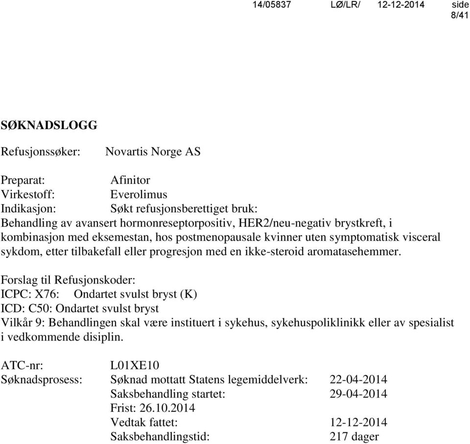 Forslag til Refusjonskoder: ICPC: X76: Ondartet svulst bryst (K) ICD: C50: Ondartet svulst bryst Vilkår 9: Behandlingen skal være instituert i sykehus, sykehuspoliklinikk eller av spesialist i