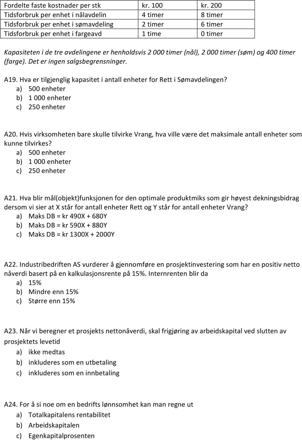 henholdsvis 2 000 timer (nål), 2 000 timer (søm) og 400 timer (farge). Det er ingen salgsbegrensninger. A19. Hva er tilgjenglig kapasitet i antall enheter for Rett i Sømavdelingen?