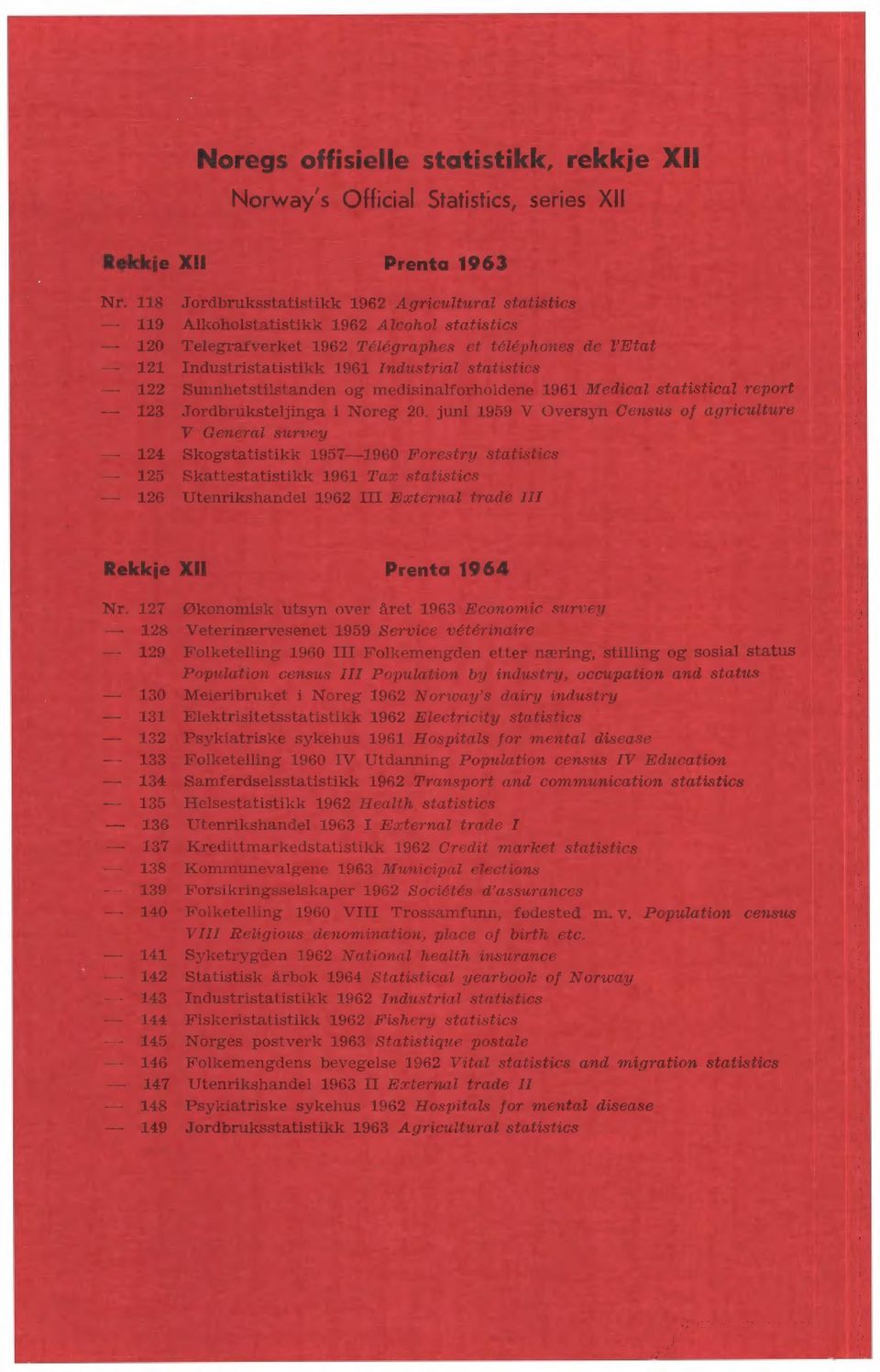 statistics - 122 Sunnhetstilstanden og medisinalforholdene 1961 Medical statistical report - 123 Jordbruksteljinga i Noreg 20.