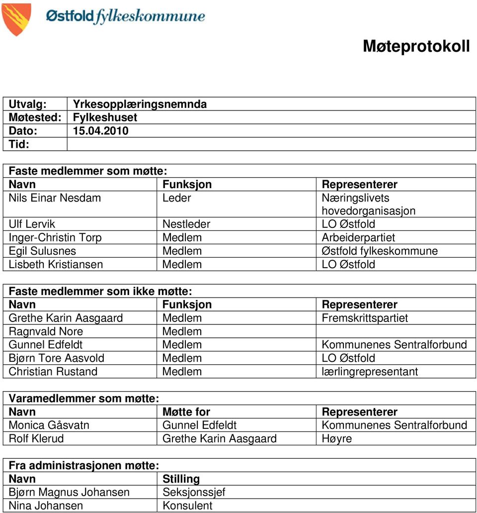 Egil Sulusnes Medlem Østfold fylkeskommune Lisbeth Kristiansen Medlem LO Østfold Faste medlemmer som ikke møtte: Navn Funksjon Representerer Grethe Karin Aasgaard Medlem Fremskrittspartiet Ragnvald