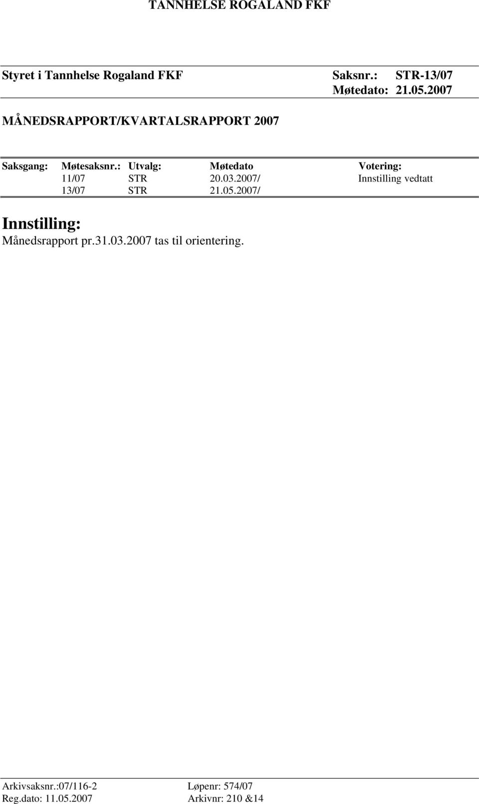 : Utvalg: Møtedato Votering: 11/07 STR 20.03.2007/ Innstilling vedtatt 13/07 STR 21.05.