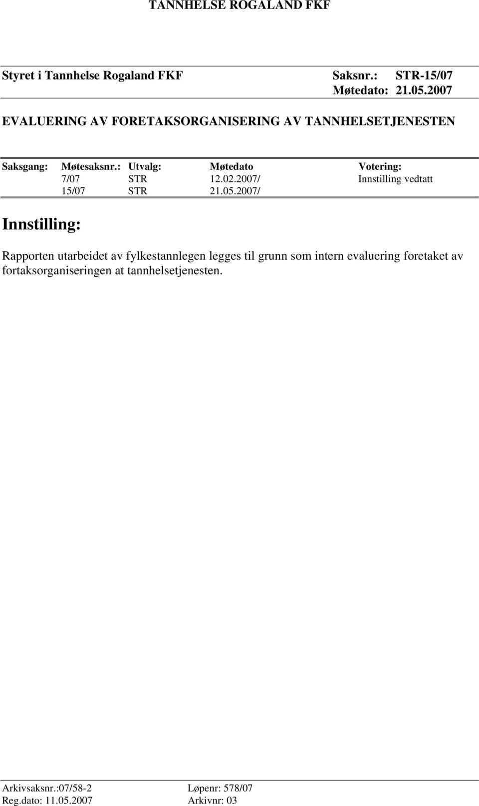 : Utvalg: Møtedato Votering: 7/07 STR 12.02.2007/ Innstilling vedtatt 15/07 STR 21.05.