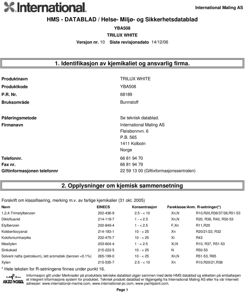 av farlige kjemikalier (31 okt. 2005) Navn EINECS Konsentrasjon Fareklasse/Anm. R-setninger(*) 1,2,4-Trimetylbenzen 202-436-9 2.5 - < 10 Xn,N R10,R20,R36/37/38,R51-53 Diklofluanid 214-118-7 1 - < 2.
