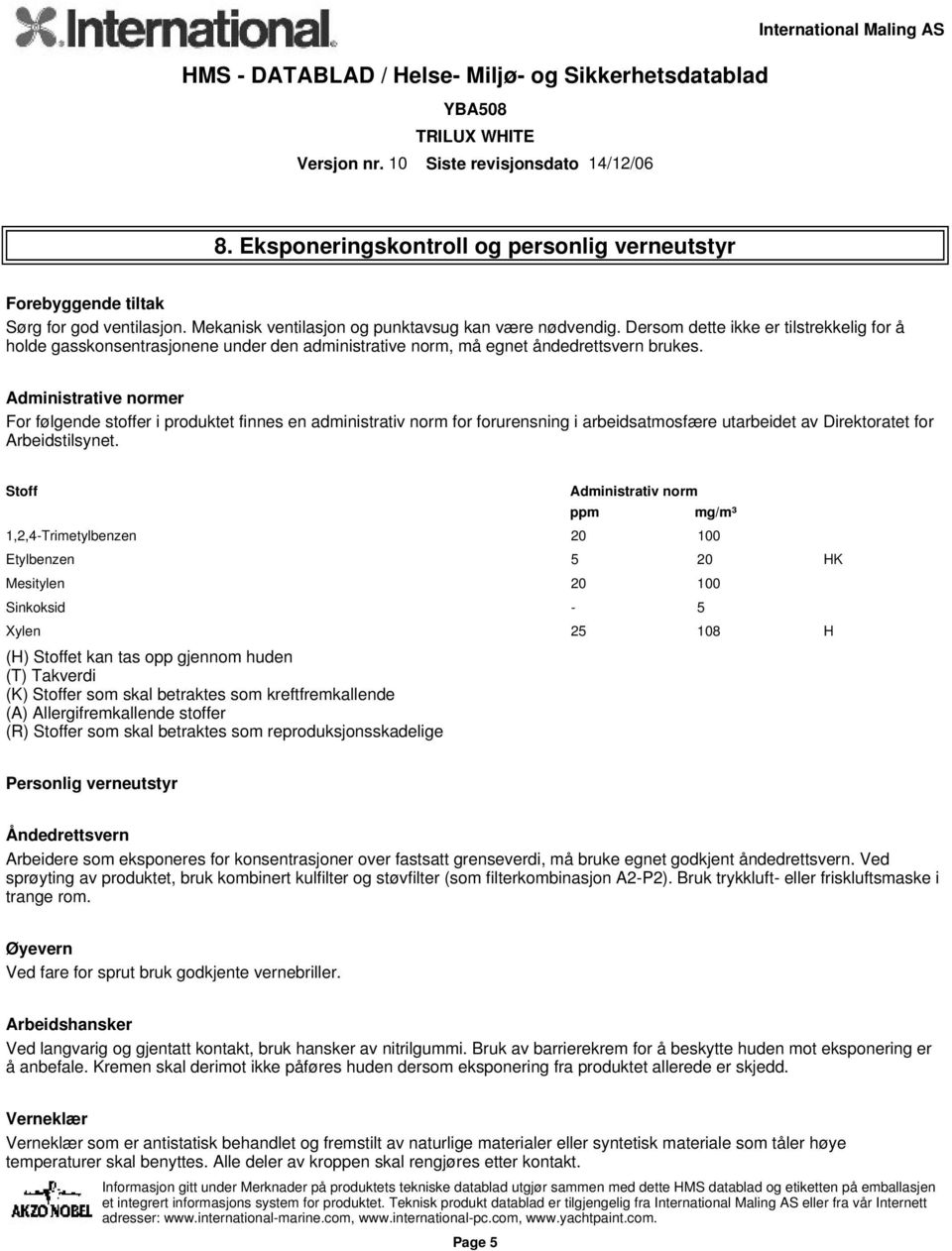 Administrative normer For følgende stoffer i produktet finnes en administrativ norm for forurensning i arbeidsatmosfære utarbeidet av Direktoratet for Arbeidstilsynet.